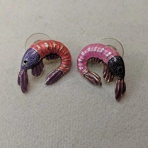 MJ Signed RARE VINTAGE Pink Shrimp Earrings Enamel Studs Purple EXCELLENT COND!